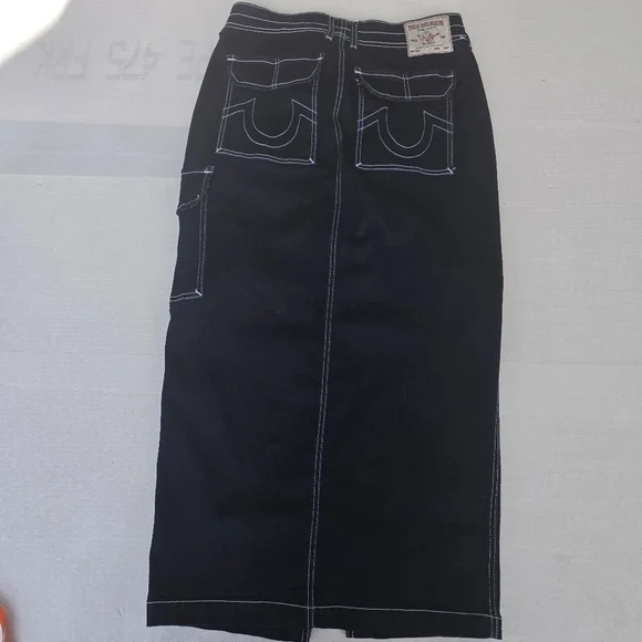 True Religion Black Denim Contrast Stitch Maxi Skirt | Cargo Pocket | Size 27 - Picture 4 of 14